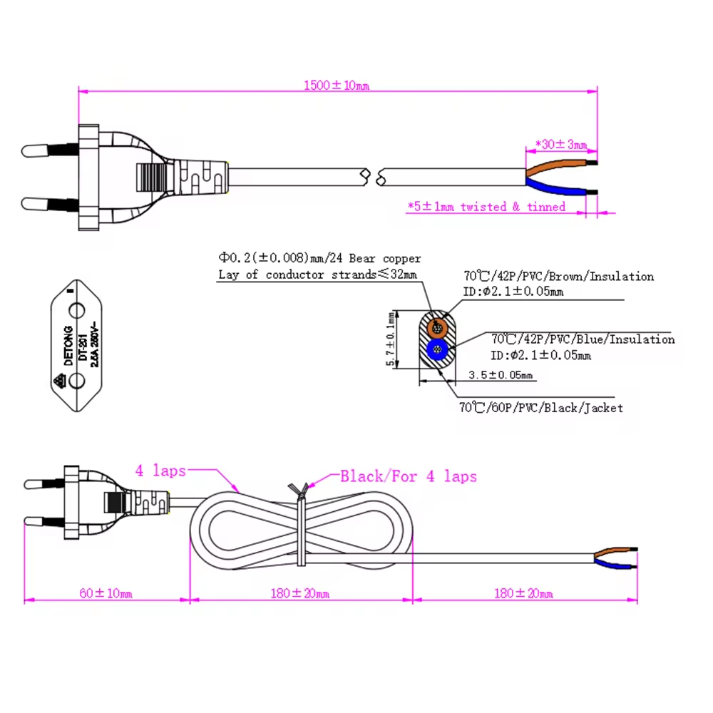 EU VDE Standard Ac Power Extension Cord 2 Pin To C7 I Sheng High-quality Power Plugs